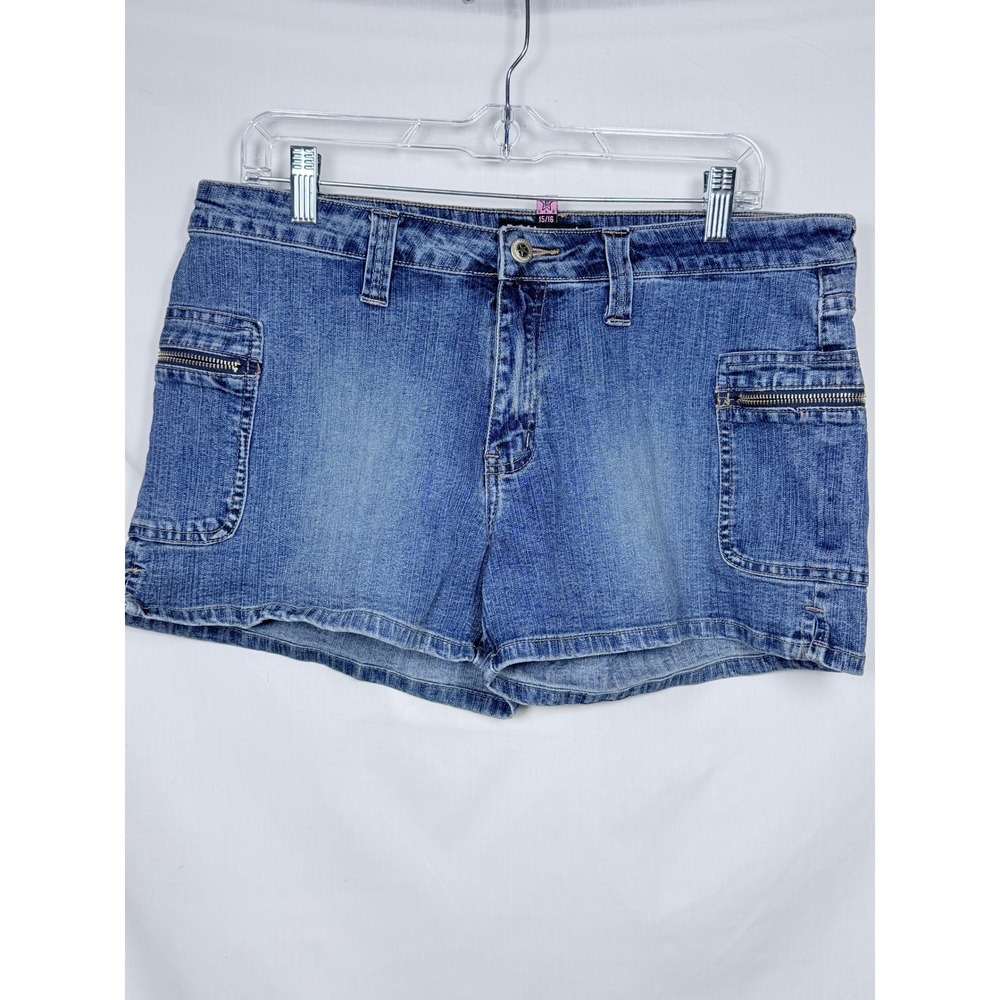 Bubblegum Womens Jean Shorts Sz 15/16 Blue Denim Y2K Cargo Zip Pockets Pop Punk